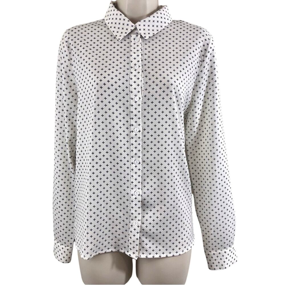 Vixbe Cream Black Print Button Front Long Sleeve Blouse Square Hem Loose Fit